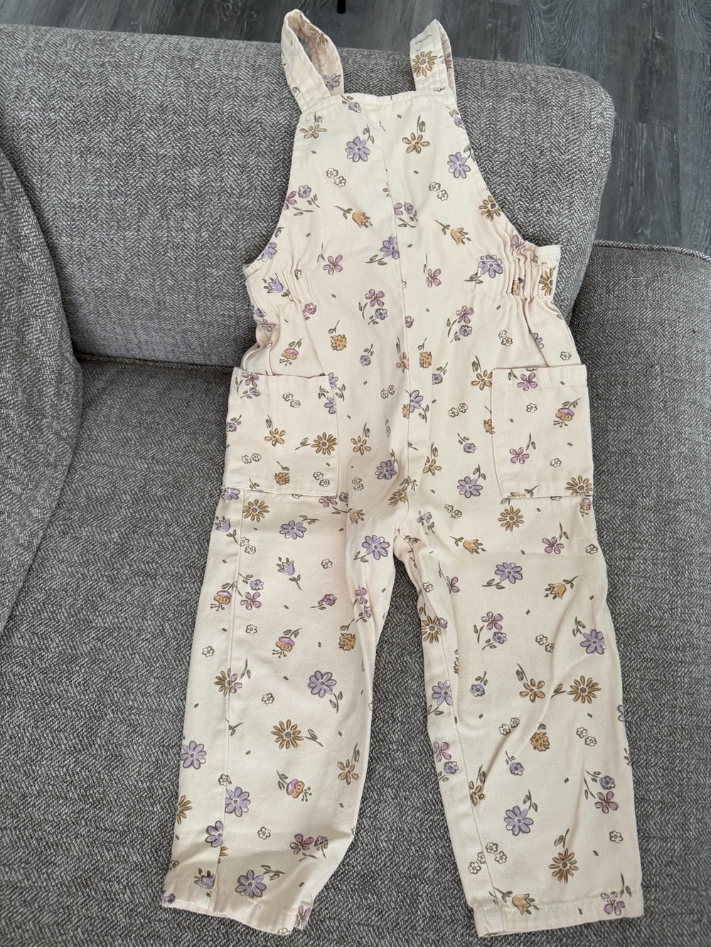 Zara Cream Floral Kids Overalls with Purple & Tan Flowers